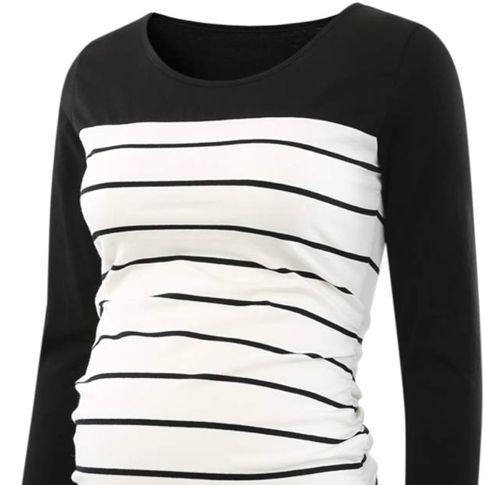 Breton Stripe Ruched Maternity Top Sz Medium White Black Stretch Long Sleeve Tee